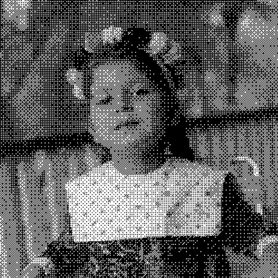 A young girl in a square collared dress, wears flowers in her hair. Photograph turned into dots