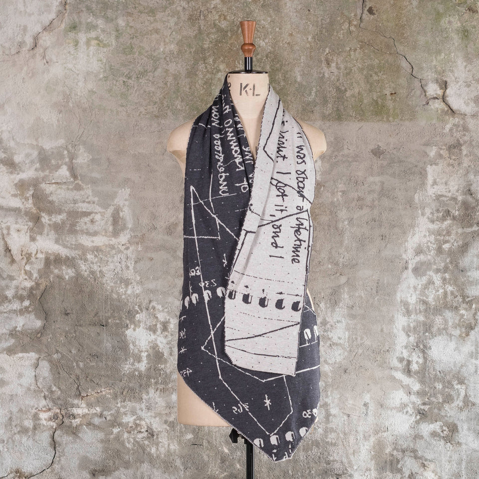 Knitted Byre cravat. A small shawl scarf with an abstract, graphic design in an asymmetric shape. Shown in Charcoal and stone white