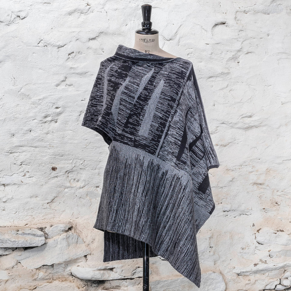 knitted inklines long squint cape. abstract, linear pattern. Shown in moonlight greys