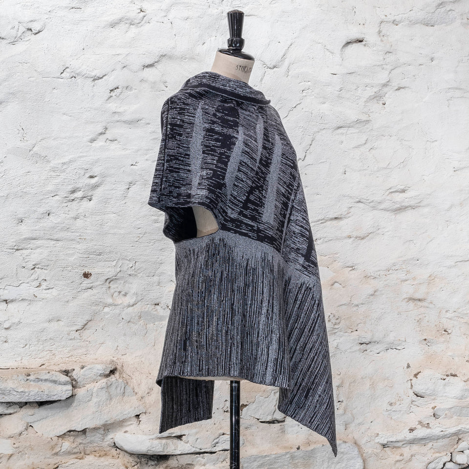knitted inklines long squint cape. abstract, linear pattern. Shown in moonlight greys