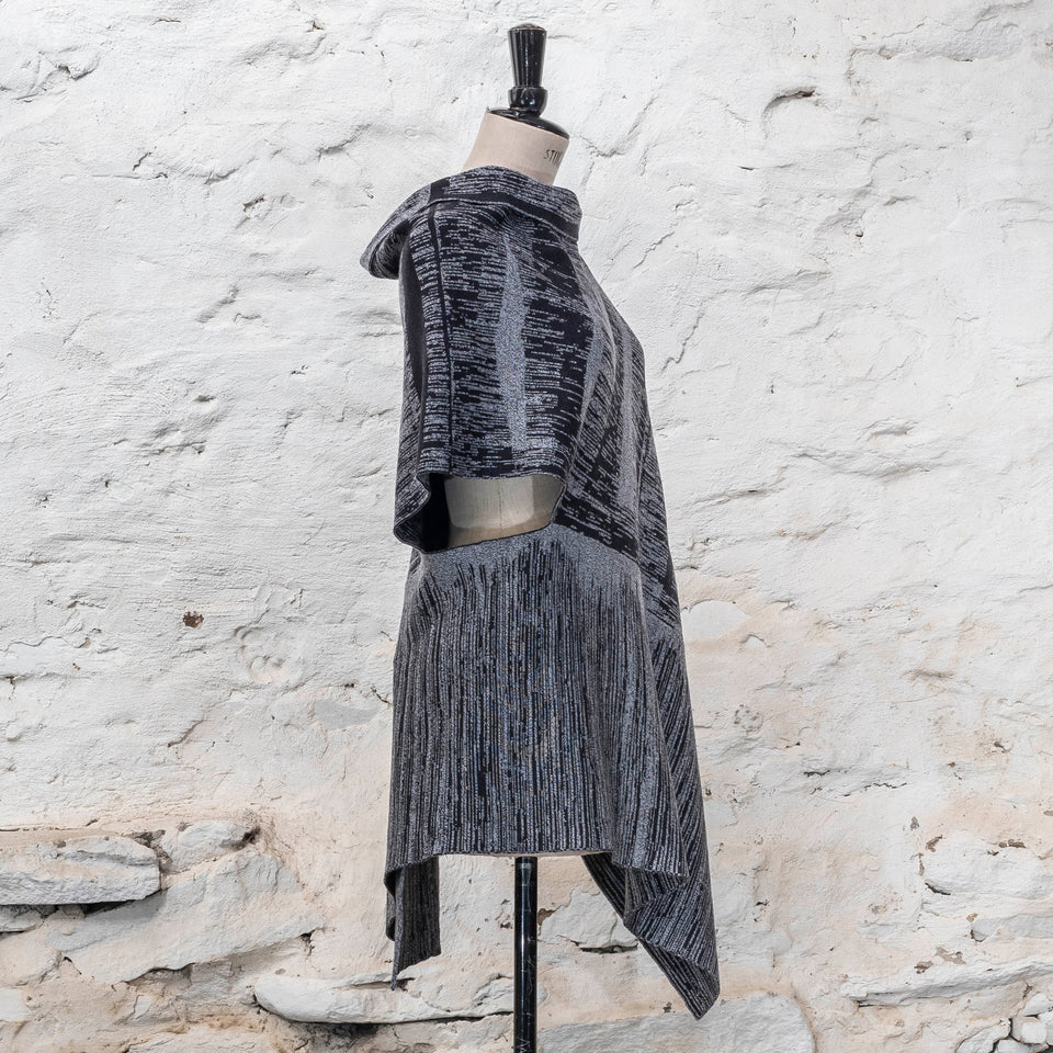 knitted inklines long squint cape. abstract, linear pattern. Shown in moonlight greys