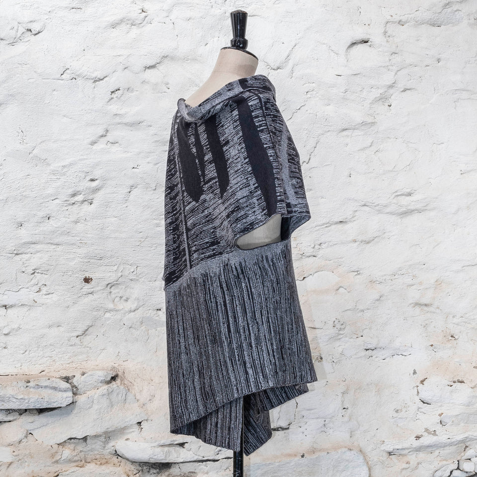 knitted inklines long squint cape. abstract, linear pattern. Shown in moonlight greys