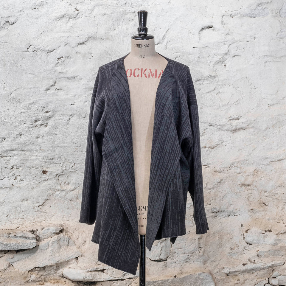 Knitted inklines jacket coatigan abstract, linear pattern. Shown in midnight greys