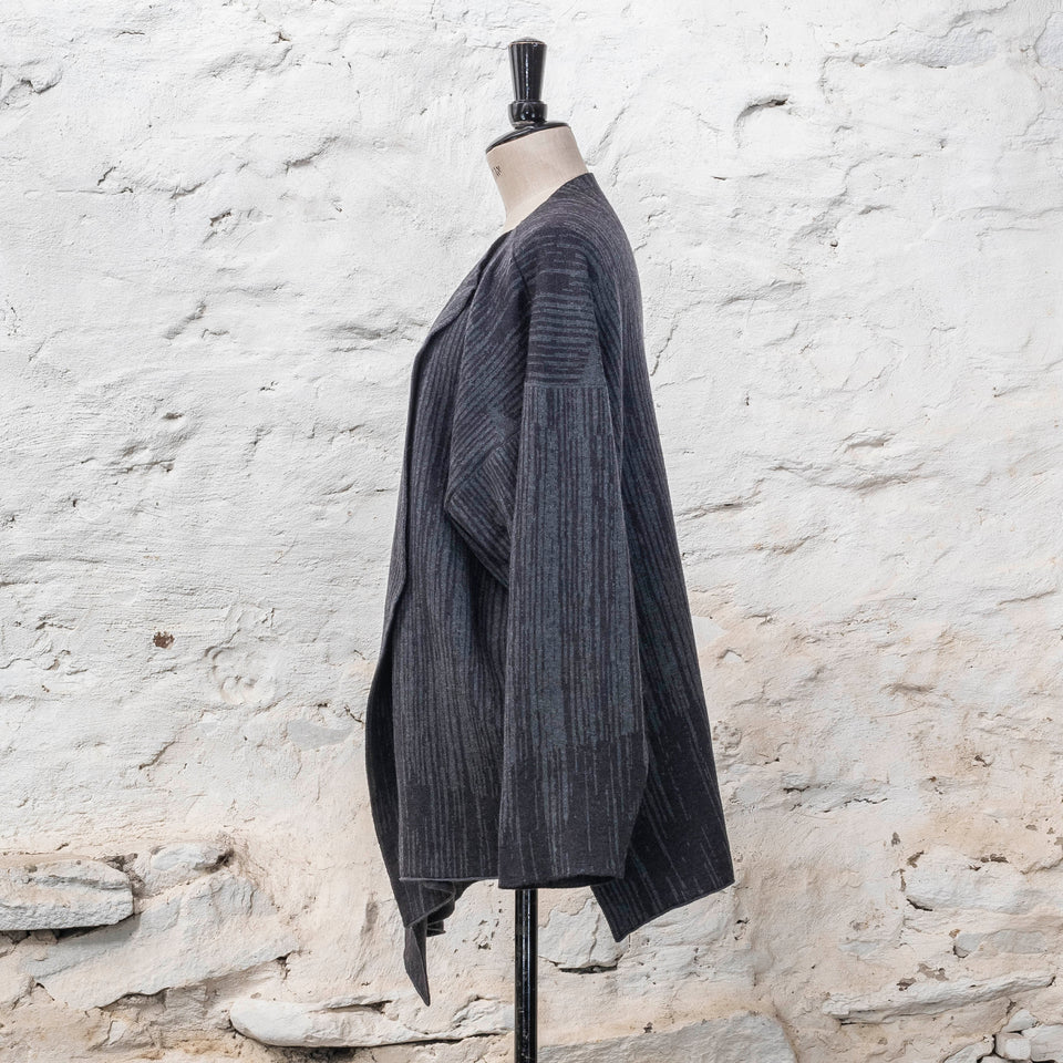 Knitted inklines jacket coatigan abstract, linear pattern. Shown in midnight greys