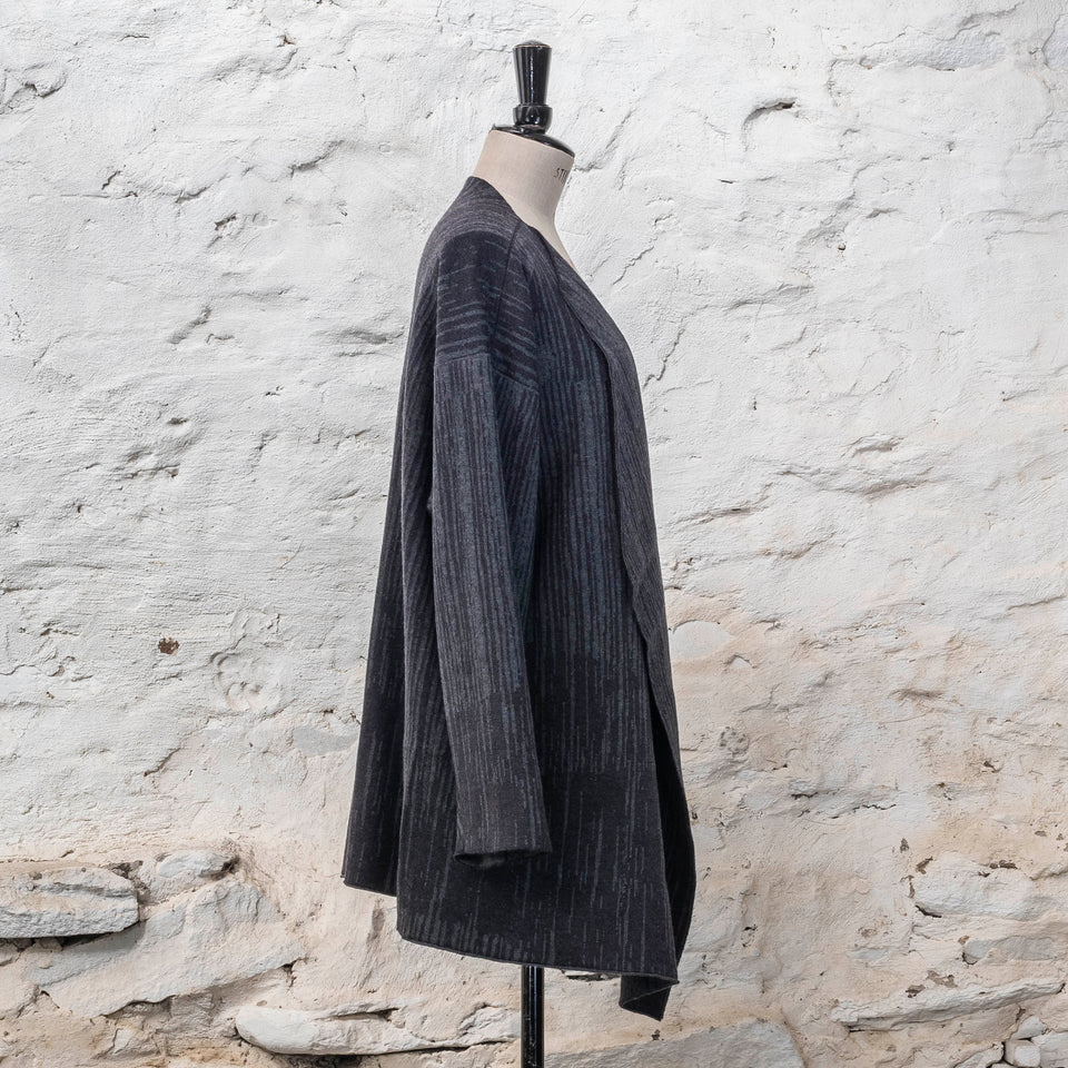 Knitted inklines jacket coatigan abstract, linear pattern. Shown in midnight greys