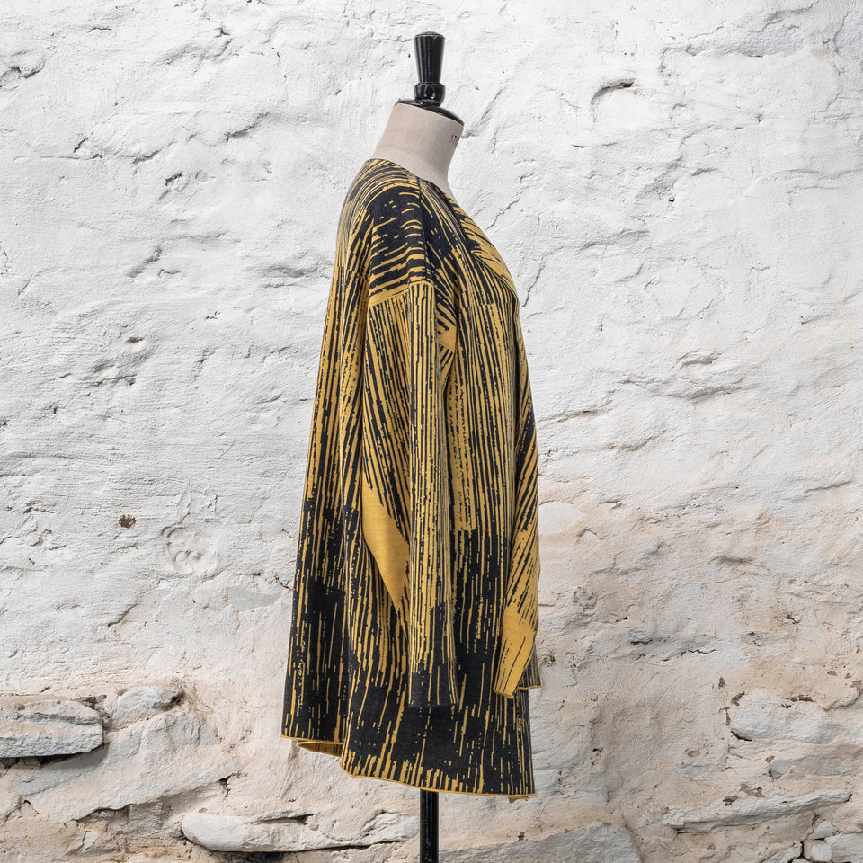 Knitted inklines jacket coatigan abstract, linear pattern. Shown in sunrise yellow and grey