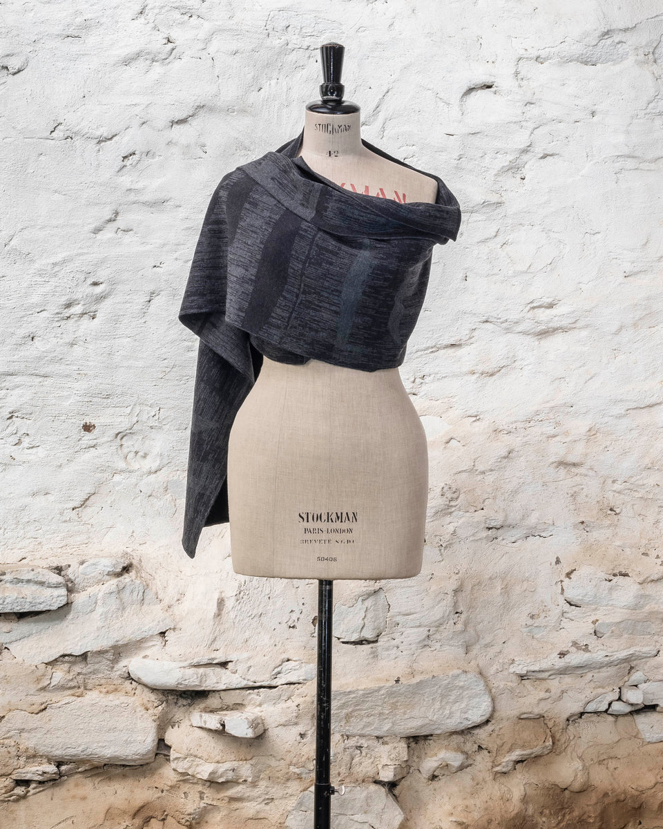 knitted inklines scarf. abstract, linear pattern shown in midnight greys