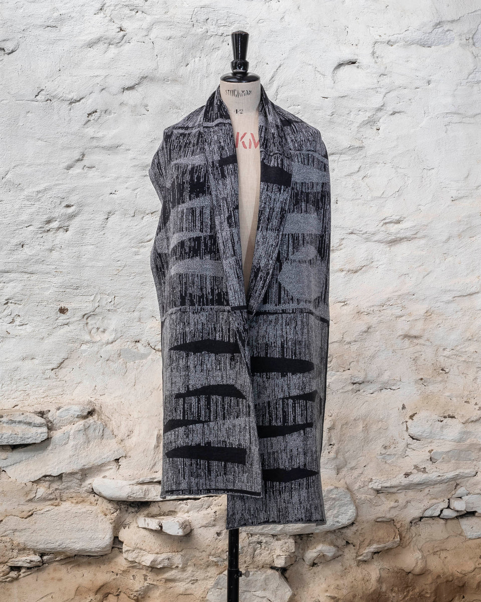 knitted inklines scarf. abstract, linear pattern shown in moonlight greys