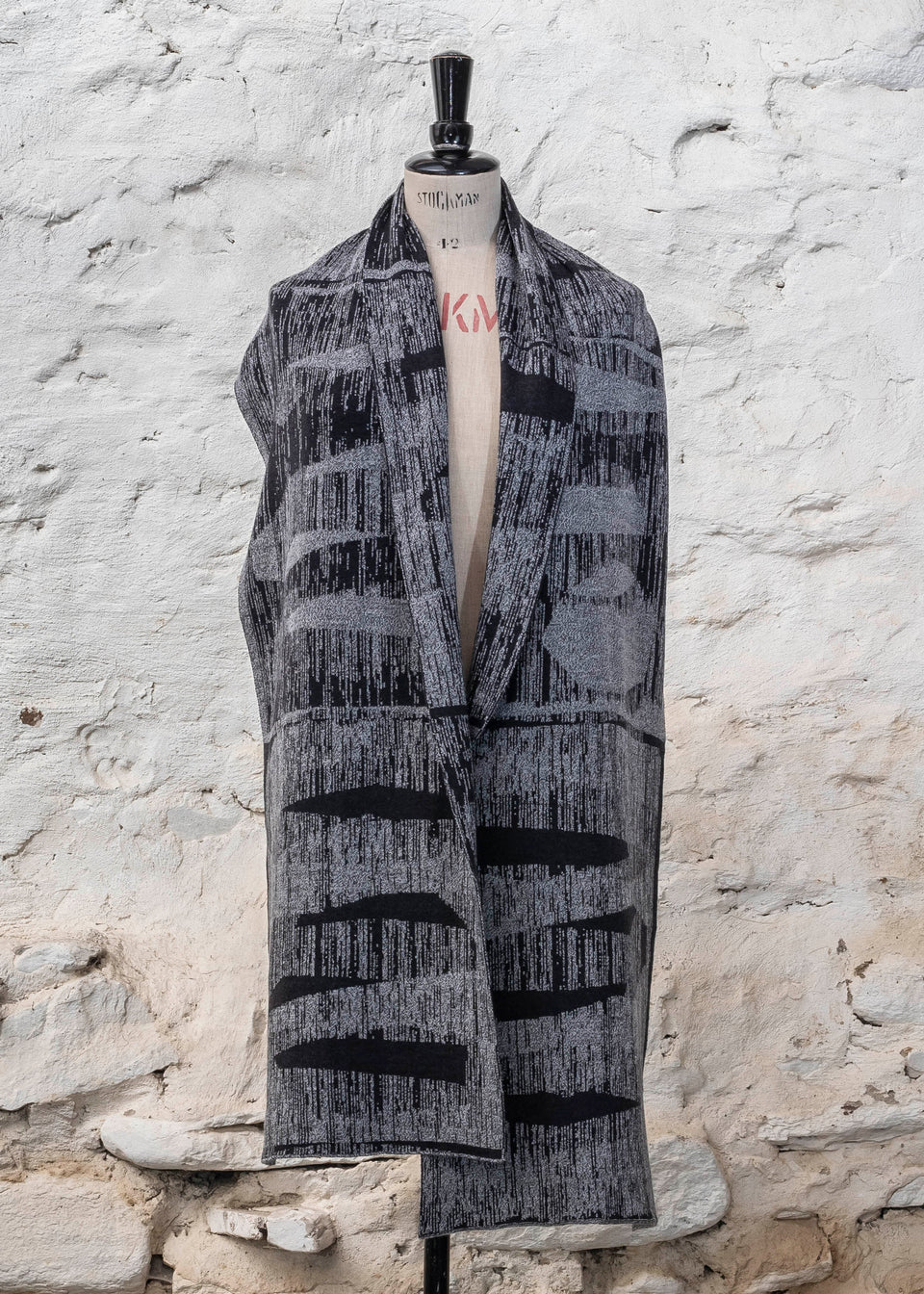 knitted inklines scarf. abstract, linear pattern shown in moonlight greys