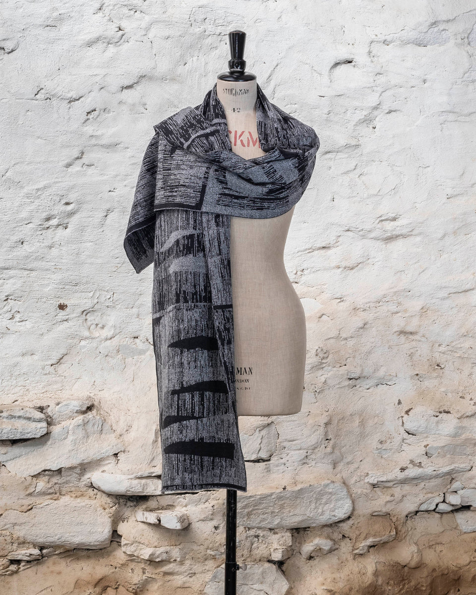 knitted inklines scarf. abstract, linear pattern shown in moonlight greys