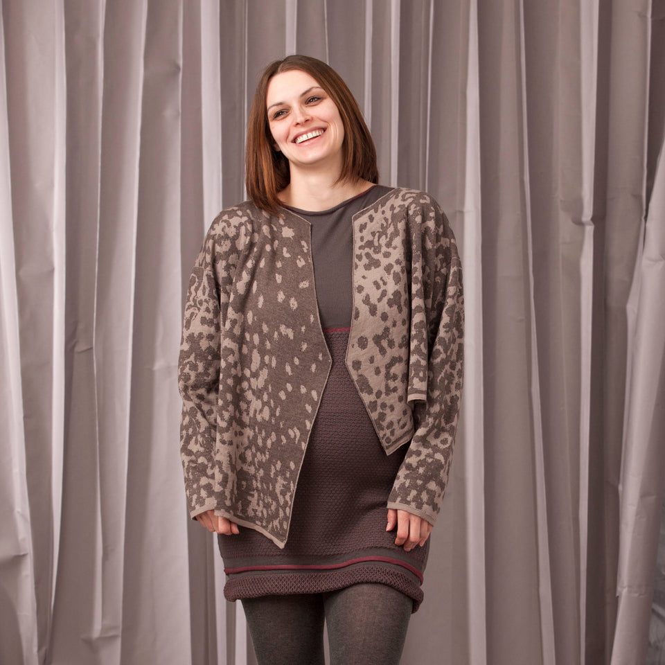 Marlet asymmetric knitted jacket. Mottled animal print, shown in warm greys