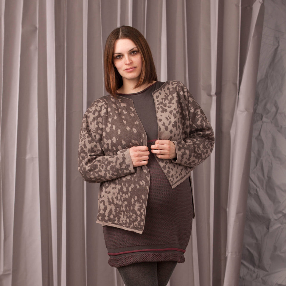 Marlet asymmetric knitted jacket. Mottled animal print, shown in warm greys