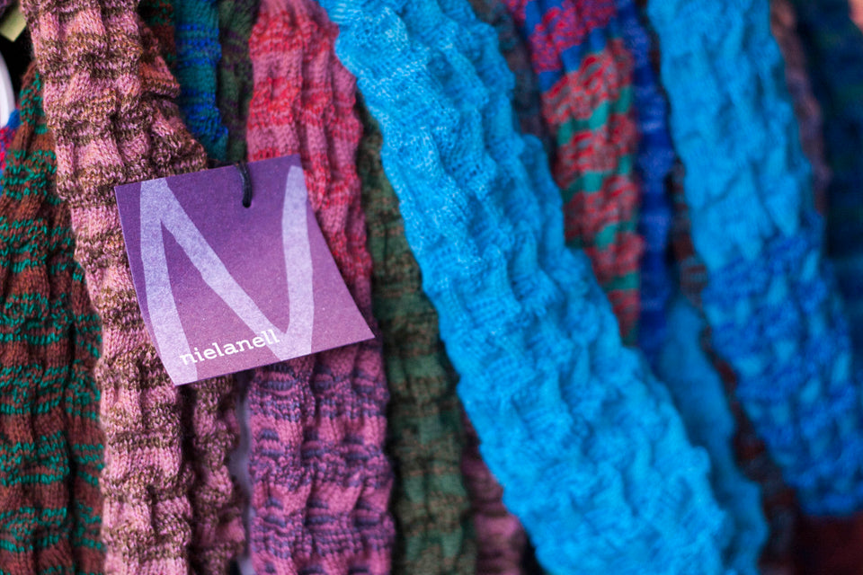 Modern Shetland scarves - Rigg scarves in the Nielanell knit studio, Hoswick, Shetland