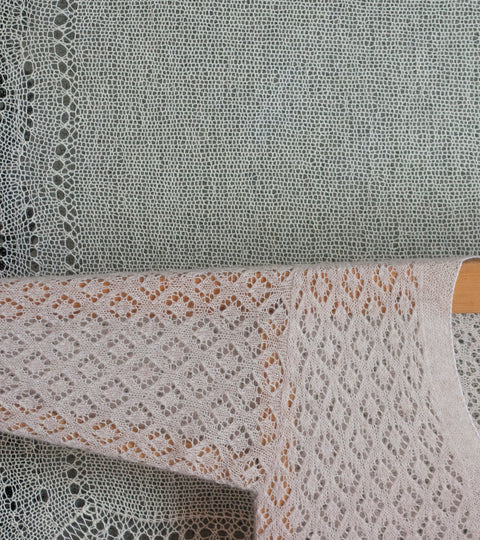Detail of a Shetland lace knit cardigan and hap shawl, blocking on a hap board and a jumper board