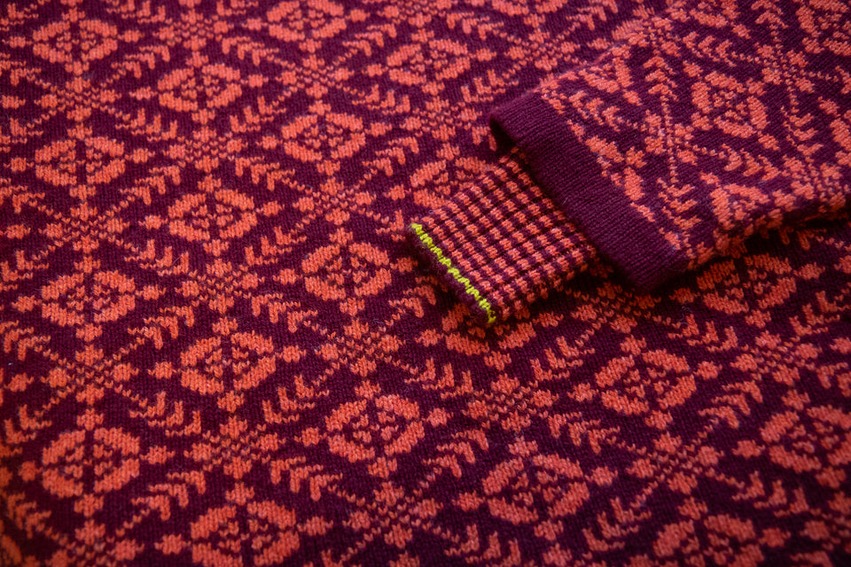 Fair Isle Scottish jumper in burgundy and coral