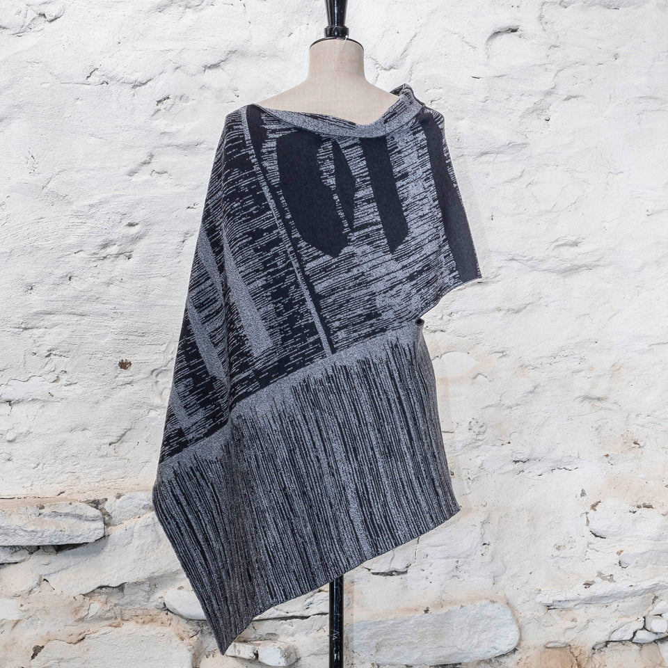 knitted inklines long squint cape. abstract, linear pattern. Shown in moonlight greys