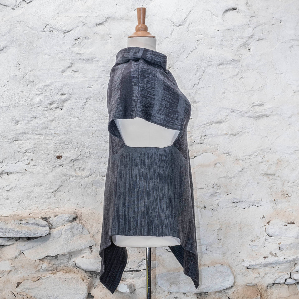 knitted inklines long squint cape. abstract, linear pattern. Shown in midnight greys