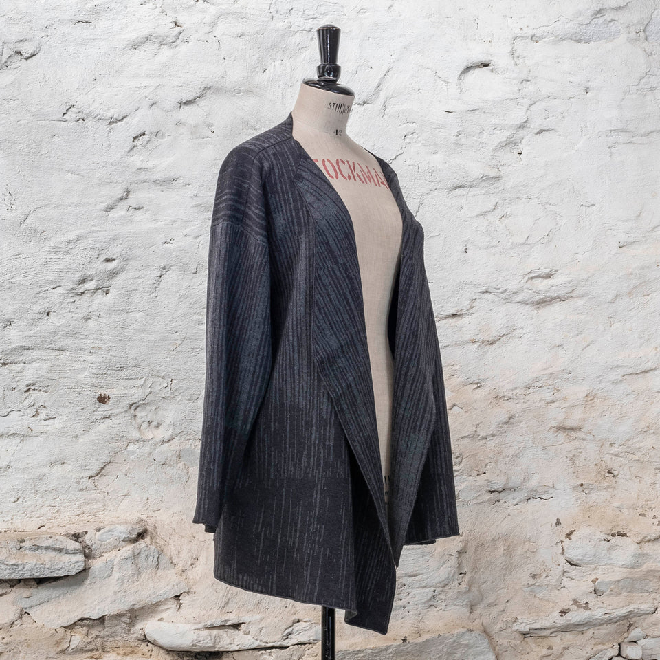 Knitted inklines jacket coatigan abstract, linear pattern. Shown in midnight greys