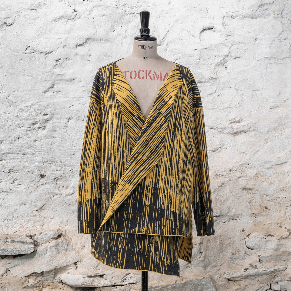 Knitted inklines jacket coatigan abstract, linear pattern. Shown in sunrise yellow and grey
