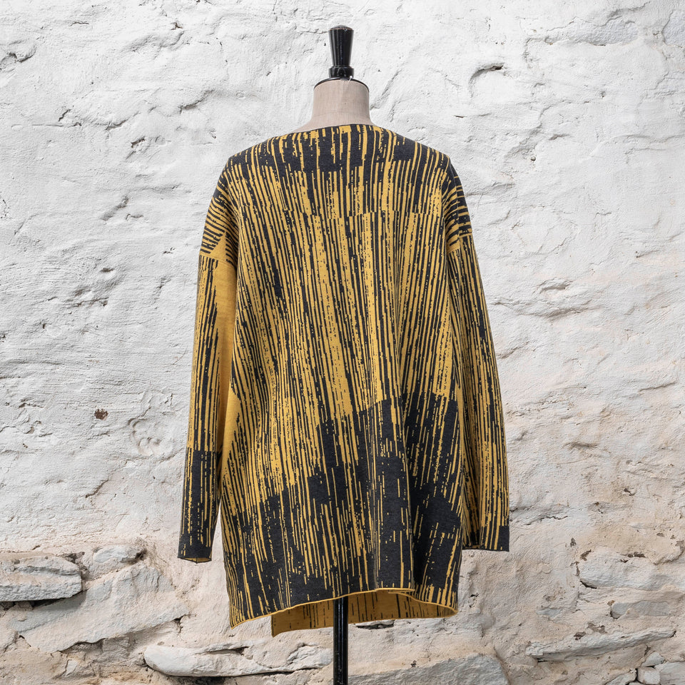 Knitted inklines jacket coatigan abstract, linear pattern. Shown in sunrise yellow and grey