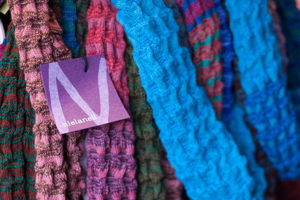Modern Shetland scarves - Rigg scarves in the Nielanell knit studio, Hoswick, Shetland